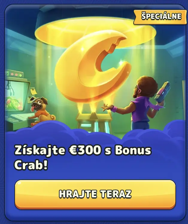 Získajte až 300 € s Bonus Crab v špeciálnej promo akcii. Hráč s futuristickou zbraňou a pes obdivujú obrovský zlatý symbol C pod žiarivým svetlom v technologickej miestnosti.